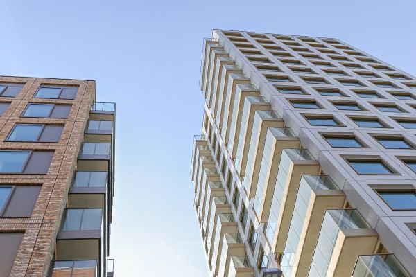 A picture of tall, towerblock social housing accommodation facing the sun.